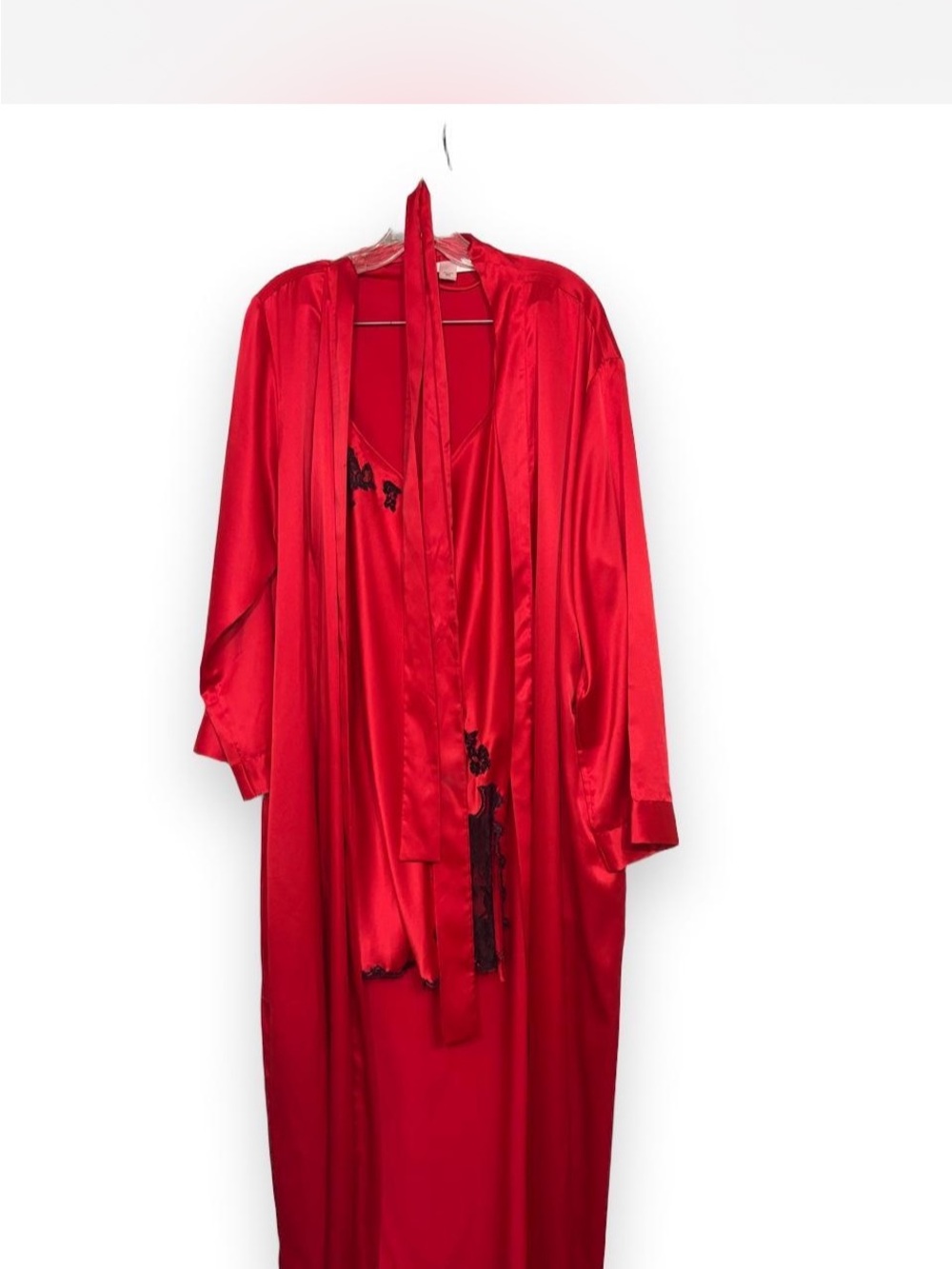 Victoria's Secret Red Satin Robe and Nightgown Set with Black Lace Trim